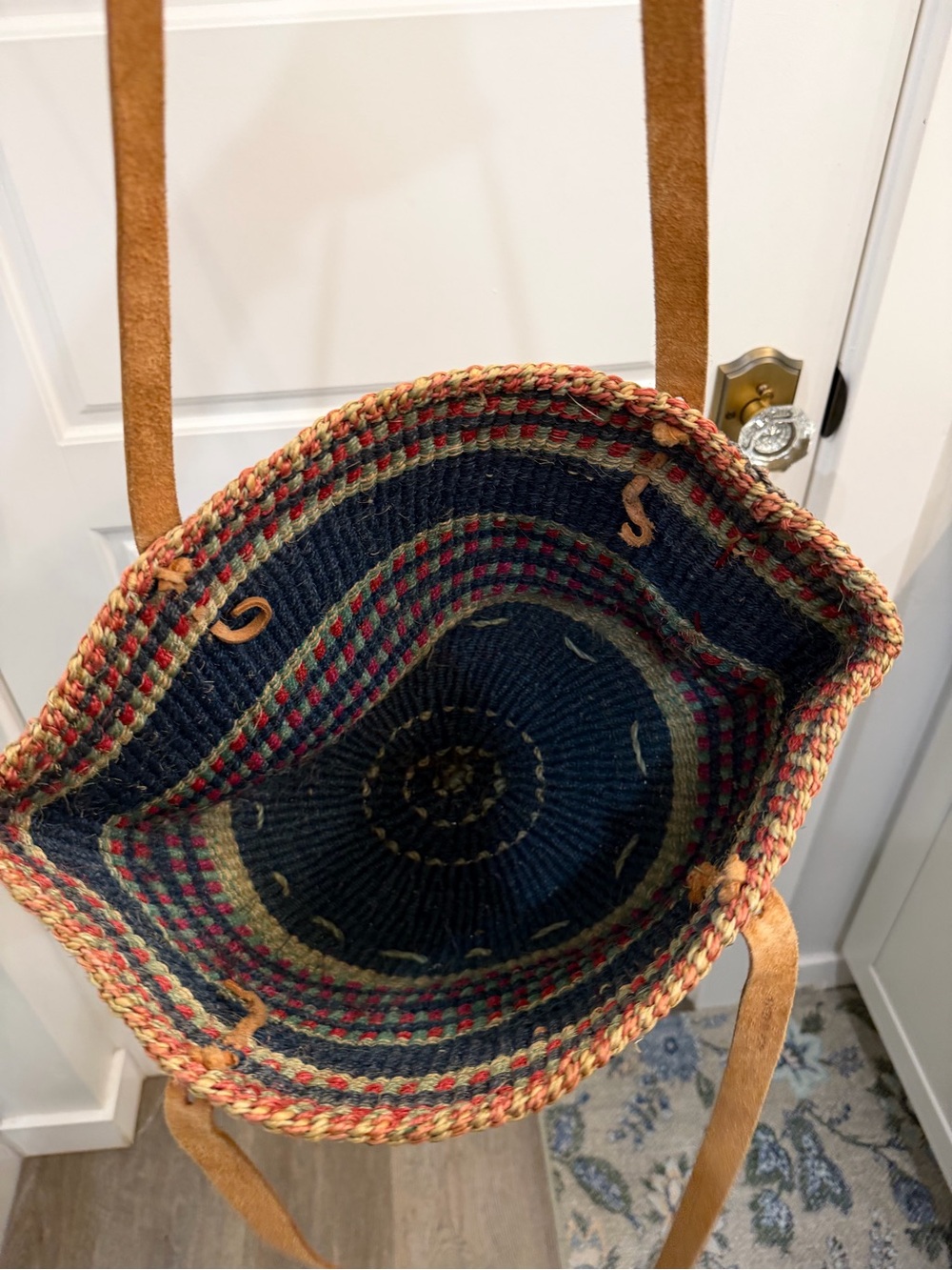 Vintage Woven Straw Tote Bag with Tan Leather Straps - Multicolor - Picture 3 of 3